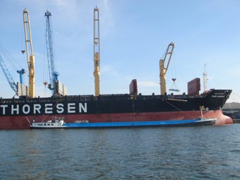 Buizen lossen op een zeeboot in Antwerpen Kallo